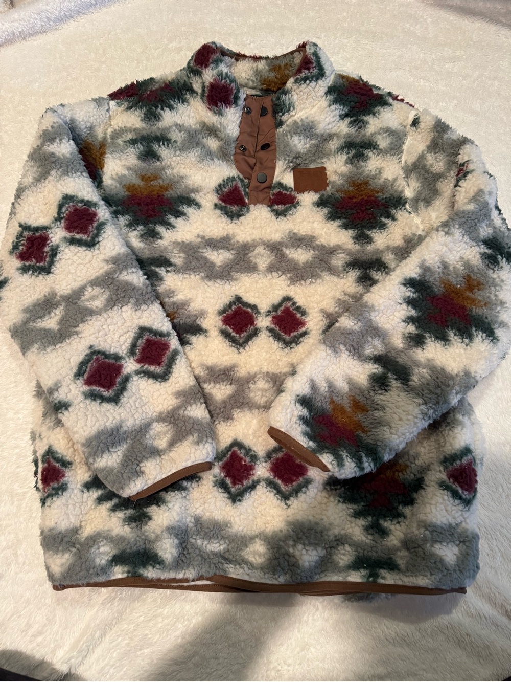 Men's Sherpa Pullover Sweater - Cream with Burgundy & Green Pattern